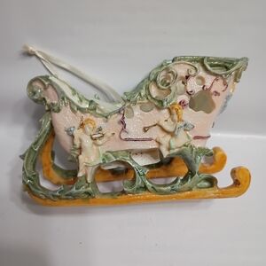 Decorative Ceramic Sleigh with Cherubs - Green and Gold